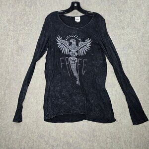 Daytrip Womens Black Long Sleeve Top Medium Rayon Blend Graphic Y2k